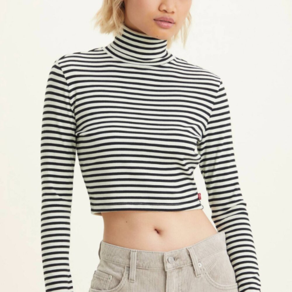 Levi's Oriel Turtleneck Sweater Rib Knit Long Sleeve Black & White Striped M